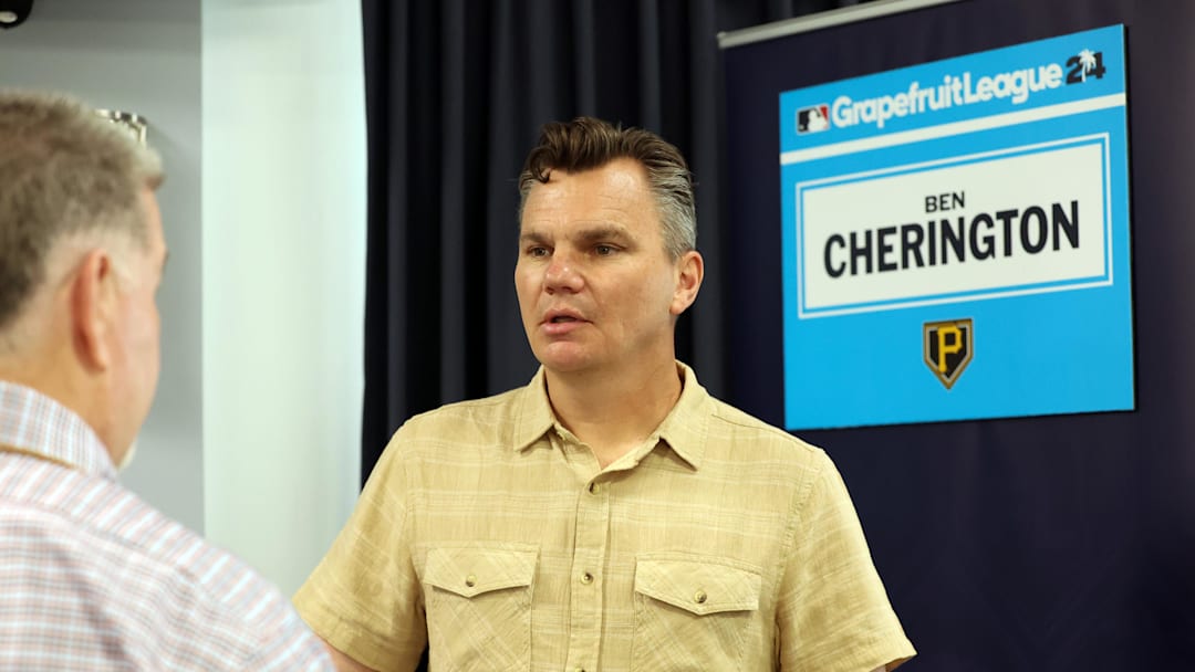 Feb 15, 2024; Tampa, FL, USA; Pittsburgh Pirates general manager Ben Cherington talks with media at George M. Steinbrenner Field. Mandatory Credit: Kim Klement Neitzel-Imagn Images