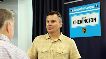 Feb 15, 2024; Tampa, FL, USA; Pittsburgh Pirates general manager Ben Cherington talks with media at George M. Steinbrenner Field. Mandatory Credit: Kim Klement Neitzel-Imagn Images