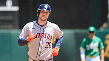 May 26, 2024; Oakland, California, USA; Houston Astros outfielder Kyle Tucker (30) runs the bases after hitting a two run home run against the Oakland Athletics during the fourth inning at Oakland-Alameda County Coliseum.