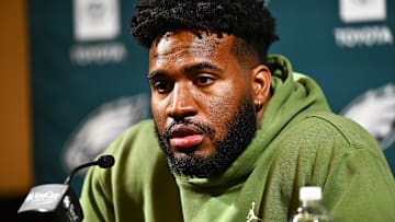 San Francisco 49ers DE Bryce Huff speaks during a press conference after signing with the Philadelphia Eagles.