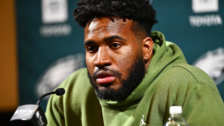 San Francisco 49ers DE Bryce Huff speaks during a press conference after signing with the Philadelphia Eagles.