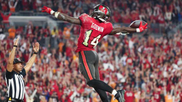 Jan 15, 2024; Tampa, Florida, USA; Tampa Bay Buccaneers wide receiver Chris Godwin (14) celebrates his touchdown against the Philadelphia Eagles during the second half of a 2024 NFC wild card game at Raymond James Stadium. Mandatory Credit: Kim Klement Neitzel-USA TODAY Sports