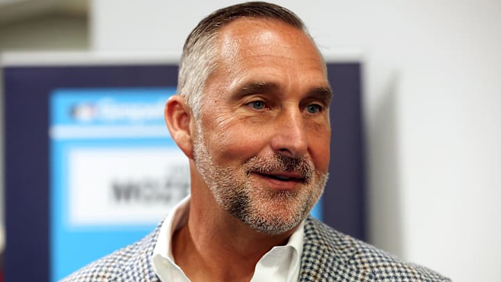 Feb 15, 2024; Tampa, FL, USA; St. Louis Cardinals president of baseball operations John Mozeliak talks with media at George M. Steinbrenner Field. Mandatory Credit: Kim Klement Neitzel-Imagn Images