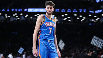 Jan 5, 2024; Brooklyn, New York, USA;  Oklahoma City Thunder forward Chet Holmgren (7) checks back into the game in the third quarter against the Brooklyn Nets at Barclays Center. Mandatory Credit: Wendell Cruz-Imagn Images