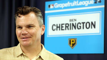 Feb 15, 2024; Tampa, FL, USA; Pittsburgh Pirates general manager Ben Cherington talks with media at George M. Steinbrenner Field. Mandatory Credit: Kim Klement Neitzel-Imagn Images