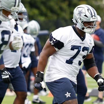 Dallas Cowboys guard Tyler Smith goes through a drill during practice at the Ford Center at the Star Training Facility.