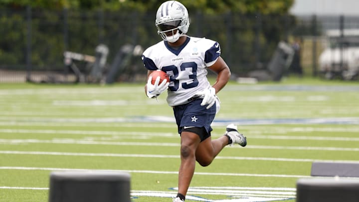Dallas Cowboys running back Javonte Williams goes through a drill during practice at the Ford Center at the Star Training Facility.