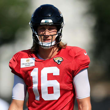 Jacksonville Jaguars quarterback Trevor Lawrence (16) looks on during a combined NFL football training camp session between the Tampa Bay Buccaneers and Jacksonville Jaguars Wednesday, Aug. 14, 2024 at EverBank Stadium’s Miller Electric Center in Jacksonville, Fla. [Corey Perrine/Florida Times-Union]