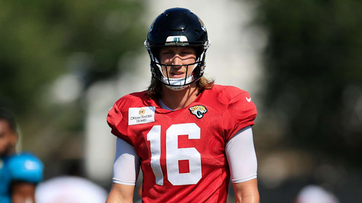 Jacksonville Jaguars quarterback Trevor Lawrence (16) looks on during a combined NFL football training camp session between the Tampa Bay Buccaneers and Jacksonville Jaguars Wednesday, Aug. 14, 2024 at EverBank Stadium’s Miller Electric Center in Jacksonville, Fla. [Corey Perrine/Florida Times-Union]