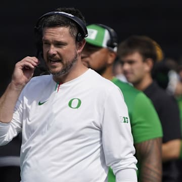 Sep 13, 2025; Evanston, Illinois, USA; Oregon Ducks head coach Dan Lanning on the sideline against the Northwestern Wildcats during the first half at Northwestern Medicine Field at Martin Stadium. Mandatory Credit: David Banks-Imagn Images