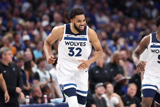 Minnesota Timberwolves center Karl-Anthony Towns (32) reacts against the Dallas Mavericks during the 2024 NBA playoffs.