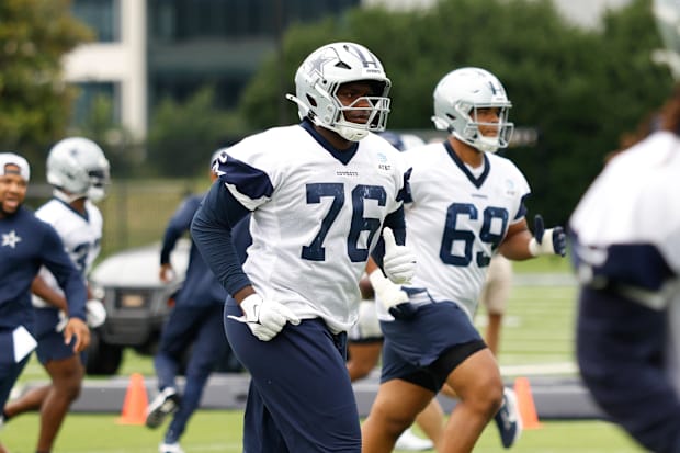 Dallas Cowboys OT Asim Richards goes through a drill during practice at the Ford Center at the Star Training Facility.