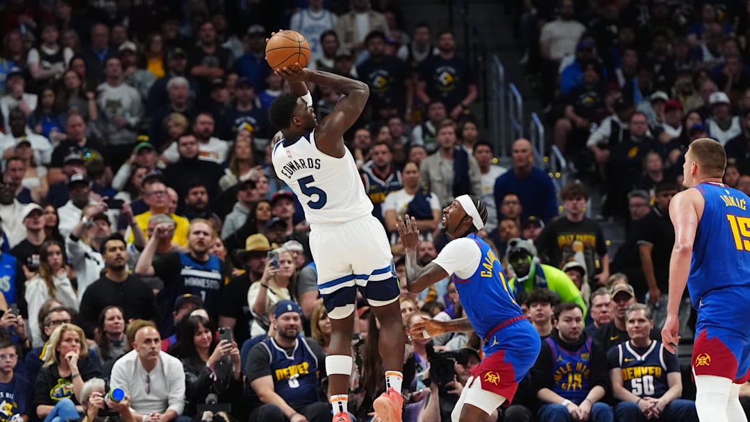 May 4, 2024; Denver, Colorado, USA; Minnesota Timberwolves guard Anthony Edwards (5) shoots the ball