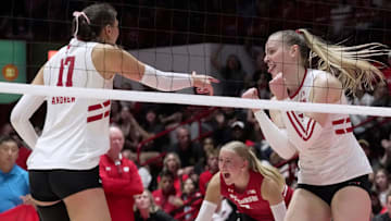 Wisconsin outside hitter Mimi Colyer (15) celebrates a point during their match against Illinois Thursday, October 2, 2025 at the UW Field House in Madison, Wisconsin. Wisconsin beat Illinois 3-0.