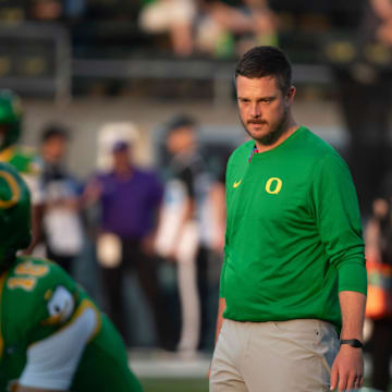 Oregon head coach Dan Lanning walks the field ahead of the game as the Oregon Ducks host the Boise State Broncos Saturday, Sept. 7, 2024 at Autzen Stadium in Eugene, Ore.