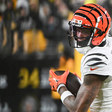 Jan 4, 2025; Pittsburgh, Pennsylvania, USA; Cincinnati Bengals wide receiver Tee Higgins (5) catches a pass against the Pittsburgh Steelers during the first quarter at Acrisure Stadium. Mandatory Credit: Barry Reeger-Imagn Images