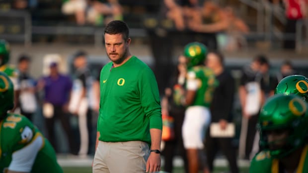 Oregon head coach Dan Lanning walks the field ahead of the game as the Oregon Ducks host the Boise State Broncos Saturday, Se