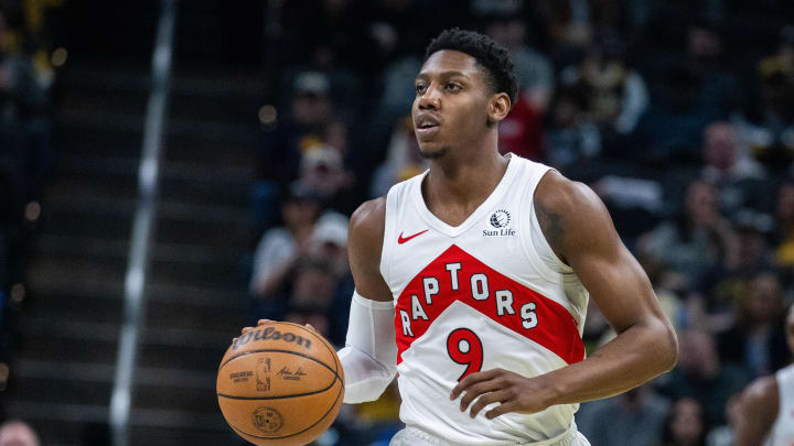 Feb 26, 2024; Indianapolis, Indiana, USA; Toronto Raptors guard RJ Barrett (9) dribbles the ball in the first half against the Indiana Pacers at Gainbridge Fieldhouse. Mandatory Credit: Trevor Ruszkowski-USA TODAY Sports