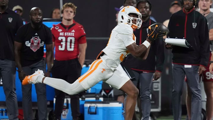 Tennessee wide receiver Squirrel White (3) makes a catch along the sideline at the NCAA College football game between Tennessee and NC State on Saturday, Sept. 7, 2024 in Charlotte, NC.