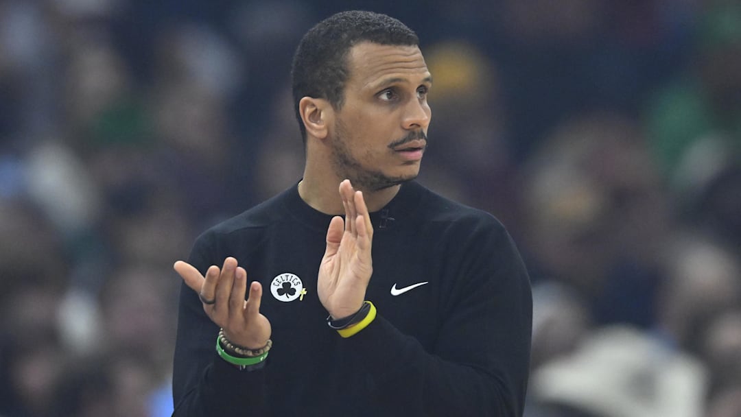 Feb 4, 2025; Cleveland, Ohio, USA; Boston Celtics head coach Joe Mazzulla reacts in the first quarter Cleveland Cavaliers at Rocket Mortgage FieldHouse. Mandatory Credit: David Richard-Imagn Images