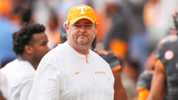 Tennessee coach Josh Heupel during warm-ups before a NCAA football game between Tennessee Volunteers and New Mexico State Aggies at Neyland Stadium in Knoxville, Tenn., on Nov. 15, 2025.