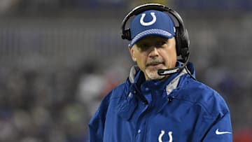 Indianapolis Colts head coach Chuck Pagano walks down the sidelines during the second quarter against the Baltimore Ravens.