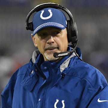 Indianapolis Colts head coach Chuck Pagano walks down the sidelines during the second quarter against the Baltimore Ravens.