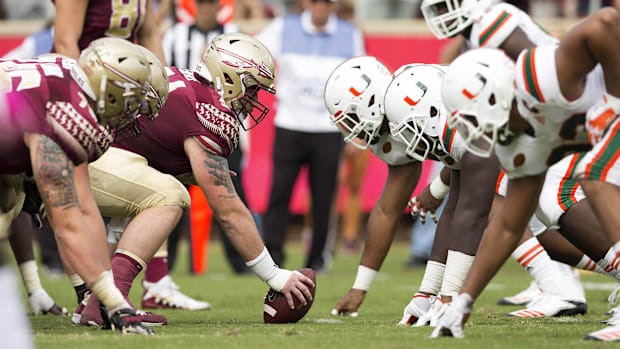 ct 7, 2017; Tallahassee, FL, USA; The Florida State Seminoles offense lines up against the Miami Hurricanes at Doak Campbell 