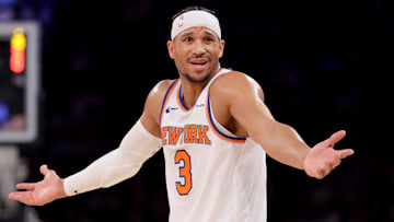 Jan 13, 2025; New York, New York, USA; New York Knicks guard Josh Hart (3) reacts during the second quarter against the Detroit Pistons at Madison Square Garden. Mandatory Credit: Brad Penner-Imagn Images