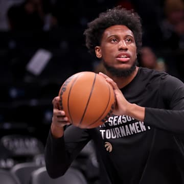 Nov 28, 2023; Brooklyn, New York, USA; Toronto Raptors forward Thaddeus Young (21) warms up before a game against the Brooklyn Nets at Barclays Center. Mandatory Credit: Brad Penner-Imagn Images