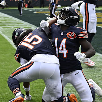 Olamide Zaccheaus celebrates a TD catch with Rome Odunze earlier this season. Zaccheaus has some making up to do after last week's dropped passes.