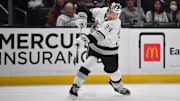 Feb 24, 2024; Los Angeles, California, USA; Los Angeles Kings right wing Arthur Kaliyev (34) shoots on goal against the Anaheim Ducks during the second period at Crypto.com Arena. Mandatory Credit: Gary A. Vasquez-Imagn Images