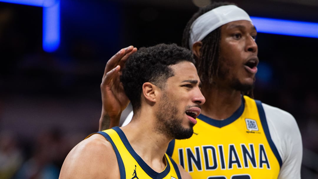 Apr 4, 2025; Indianapolis, Indiana, USA; Indiana Pacers guard Tyrese Haliburton (0) reacts to a basket and foul with center Myles Turner (33) in the second half against the Utah Jazz at Gainbridge Fieldhouse. Mandatory Credit: Trevor Ruszkowski-Imagn Images Apr 4, 2025; Indianapolis, Indiana, USA; Indiana Pacers guard Tyrese Haliburton (0) reacts to a basket and foul with center Myles Turner (33) in the second half against the Utah Jazz at Gainbridge Fieldhouse. Mandatory Credit: Trevor Ruszkowski-Imagn Images