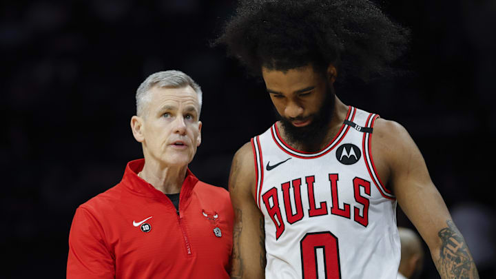 Chicago Bulls head coach Billy Donovan talks to guard Coby White (0) during the second half against the Charlotte Hornets at Spectrum Center.