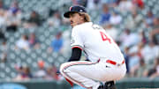 Sep 20, 2025; Minneapolis, Minnesota, USA; Minnesota Twins starting pitcher Joe Ryan (41) reacts to Cleveland Guardians catcher Bo Naylor’s (23) solo home run during the second inning of game one of a double header at Target Field. Mandatory Credit: Matt Krohn-Imagn Images