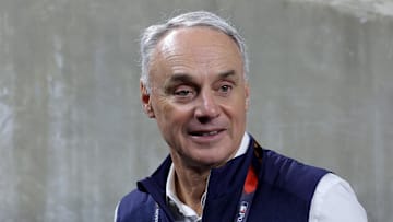 Oct 29, 2024; New York, New York, USA; MLB commissioner Rob Manfred before game four of the 2024 MLB World Series between the Los Angeles Dodgers and New York Yankees at Yankee Stadium. Mandatory Credit: Brad Penner-Imagn Images