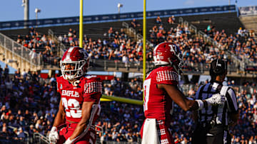 Oct 5, 2024; East Hartford, Connecticut, USA; Temple Owls linebacker Antwone Santiago (23) blocks the punt and linebacker Tyler Lepolo (17) recovers for a touchdown against the Connecticut Huskies in the second quarter at Rentschler Field at Pratt & Whitney Stadium. Mandatory Credit: David Butler II-Imagn Images