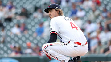 Sep 20, 2025; Minneapolis, Minnesota, USA; Minnesota Twins starting pitcher Joe Ryan (41) reacts to Cleveland Guardians catcher Bo Naylor’s (23) solo home run during the second inning of game one of a double header at Target Field. Mandatory Credit: Matt Krohn-Imagn Images