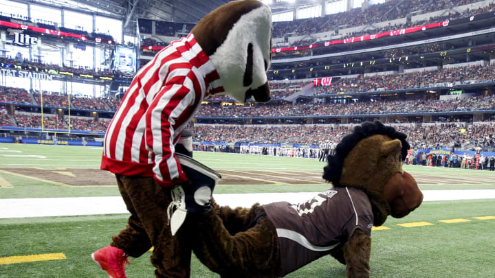 Jan 2, 2017; Arlington, TX, USA; Western Michigan Broncos and Wisconsin Badgers mascots play around during the game in the 2017 Cotton Bowl at AT&T Stadium. Mandatory Credit: Kevin Jairaj-USA TODAY Sports