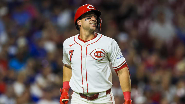 Jul 29, 2024; Cincinnati, Ohio, USA; Cincinnati Reds first baseman Spencer Steer (7) reacts after a play in the eighth inning against the Chicago Cubs at Great American Ball Park. Mandatory Credit: Katie Stratman-USA TODAY Sports