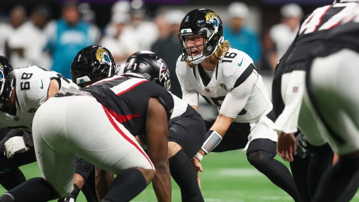 Aug 23, 2024; Atlanta, Georgia, USA; Jacksonville Jaguars quarterback Trevor Lawrence (16) at the line of scrimmage against the Atlanta Falcons in the second quarter at Mercedes-Benz Stadium. Mandatory Credit: Brett Davis-USA TODAY Sports