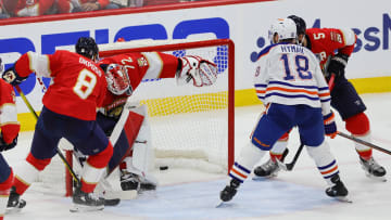 Jun 18, 2024; Sunrise, Florida, USA; Edmonton Oilers forward Connor McDavid (97) (not pictured) scores against Florida Panthers goaltender Sergei Bobrovsky (72) during the second period in game five of the 2024 Stanley Cup Final at Amerant Bank Arena. Mandatory Credit: Sam Navarro-USA TODAY Sports