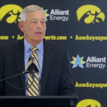 Iowa’s head football coach Kirk Ferentz speaks Friday, Aug. 9, 2024 during Iowa Football’s media day in Iowa City, Iowa.