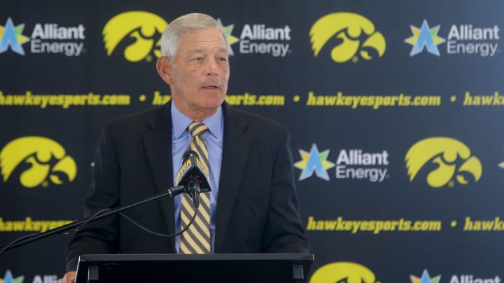 Iowa’s head football coach Kirk Ferentz speaks Friday, Aug. 9, 2024 during Iowa Football’s media day in Iowa City, Iowa.