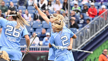 May 25, 2025; Foxborough, MA, USA; North Carolina Tar Heels attacker Chloe Humphrey (2) celebrates a goal during the first half against the Northwestern Wildcats at Gillette Stadium. Mandatory Credit: Eric Canha-Imagn Images