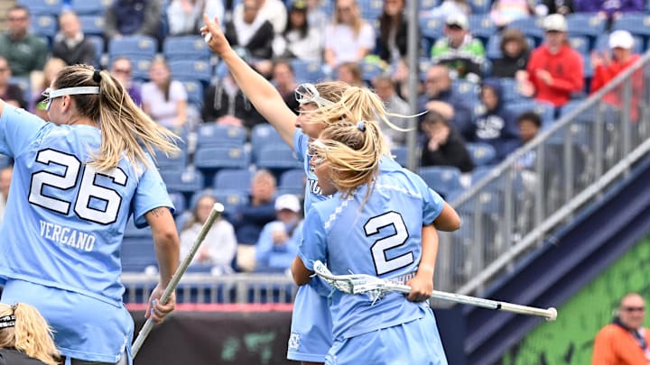 May 25, 2025; Foxborough, MA, USA; North Carolina Tar Heels attacker Chloe Humphrey (2) celebrates a goal during the first half against the Northwestern Wildcats at Gillette Stadium. Mandatory Credit: Eric Canha-Imagn Images