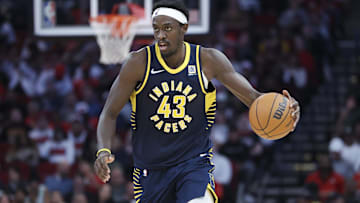 Nov 20, 2024; Houston, Texas, USA; Indiana Pacers forward Pascal Siakam (43) dribbles the ball during the third quarter against the Houston Rockets at Toyota Center. Mandatory Credit: Troy Taormina-Imagn Images
