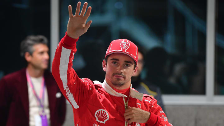 Nov 17, 2023; Las Vegas, Nevada, USA; Scuderia Ferrari driver Charles LeClerc of Monaco (16) celebrates after securing pole position during qualifying at Las Vegas Strip Circuit. Mandatory Credit: Gary A. Vasquez-USA TODAY Sports