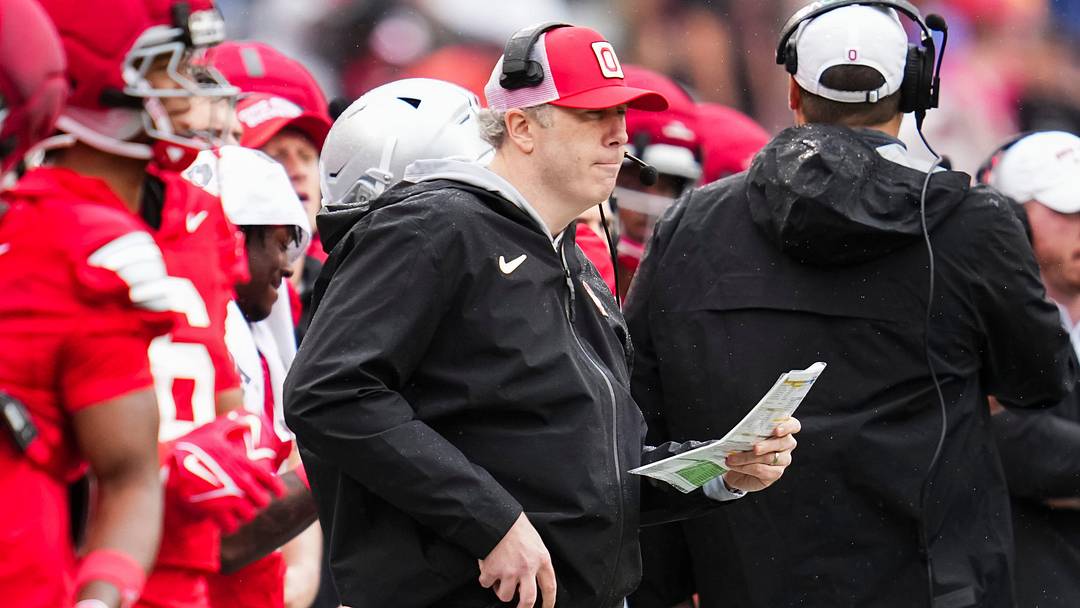 Ohio State Buckeyes offensive coordinator Arthur Smith watches during the Ohio State football spring game at Ohio Stadium in Columbus on April 18, 2026.