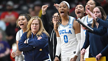 Mar 30, 2025; Spokane, WA, USA; UCLA Bruins head coach Cori Close looks on against the LSU Lady Tigers during the first half of a Elite 8 NCAA Tournament basketball game at Spokane Arena. Mandatory Credit: James Snook-Imagn Images